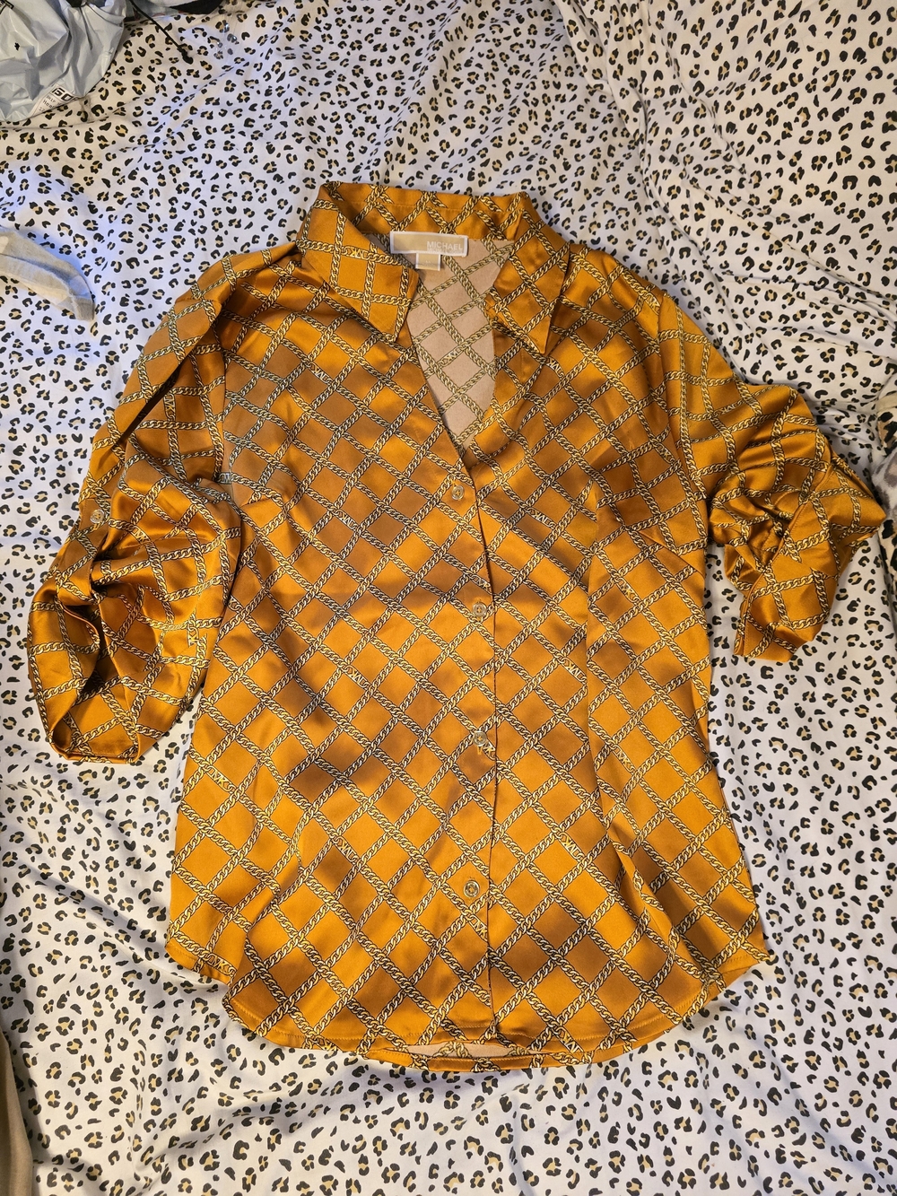 Michael Kors Gold Chain-Print Satin Button Down Shirt